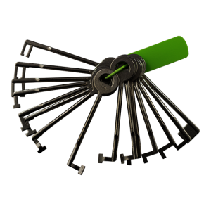 Professionele LOCKMASTER® 15-delige bontebaard koperset in stevige opbergkoffer, ontworpen voor het openen van antieke en warded sloten.