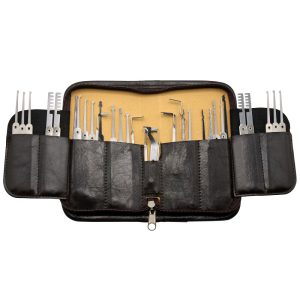 Geopende lockpick etui met picks en tension tools overzicht