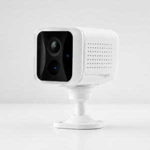 White, cube-style security camera on a pedestal against a light grey background, facing forward
